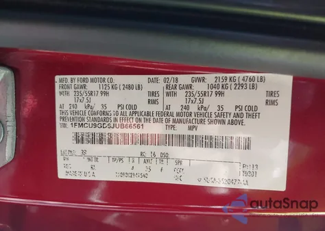 2018 Ford Escape Se from USA, damaged, VIN 1FMCU9GD6JUB66561